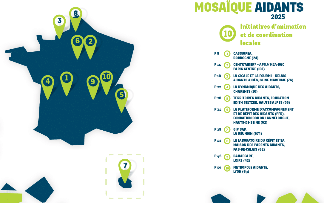 Cartographie des 10 initiatives inspirantes Mosiaque Aidants avec sa légende