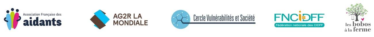 Logo des partenaires de "Aidant et compétent" Association Française des Aidants, AG2R, Cercle Vulnérabilités et société, FNCIDFF, Bobos à la ferme
